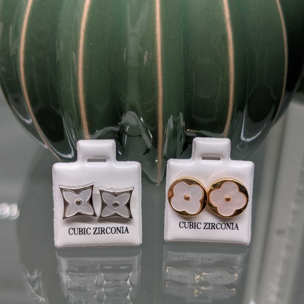 Earrings set of 2 Gold and Silver Floral Cubic Zirconia Stud Earrings - Women